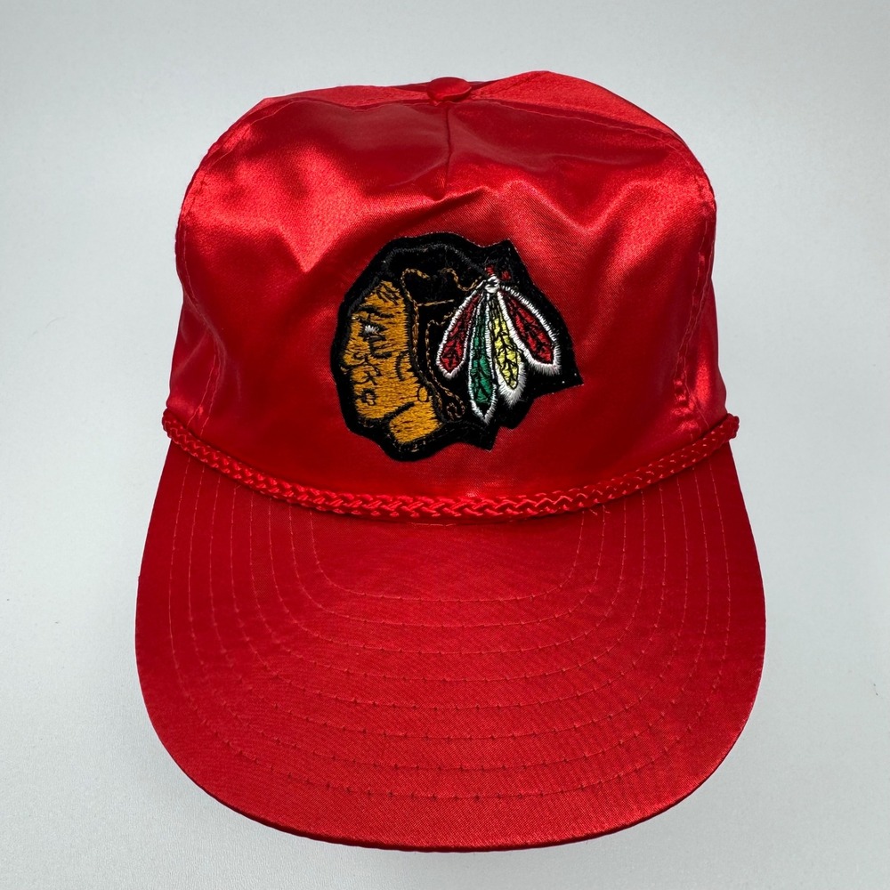 Vintage Chicago Blackhawks Nissin Red Satin Rope Snapback Hat Mens NHL Cap